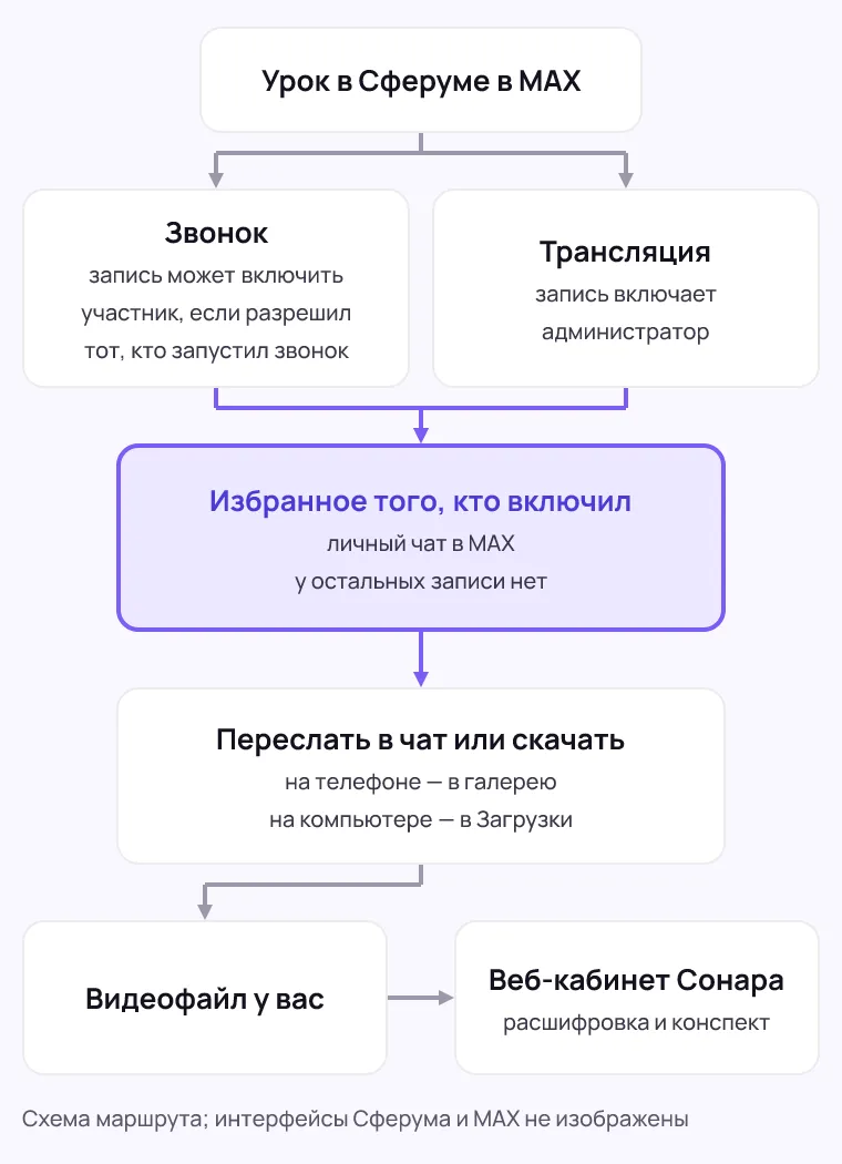 Схема из семи блоков: урок в Сферуме делится на звонок и трансляцию, обе ветки сходятся в выделенном блоке «Избранное того, кто включил», дальше пересылка или скачивание, видеофайл у вас и веб-кабинет Сонара